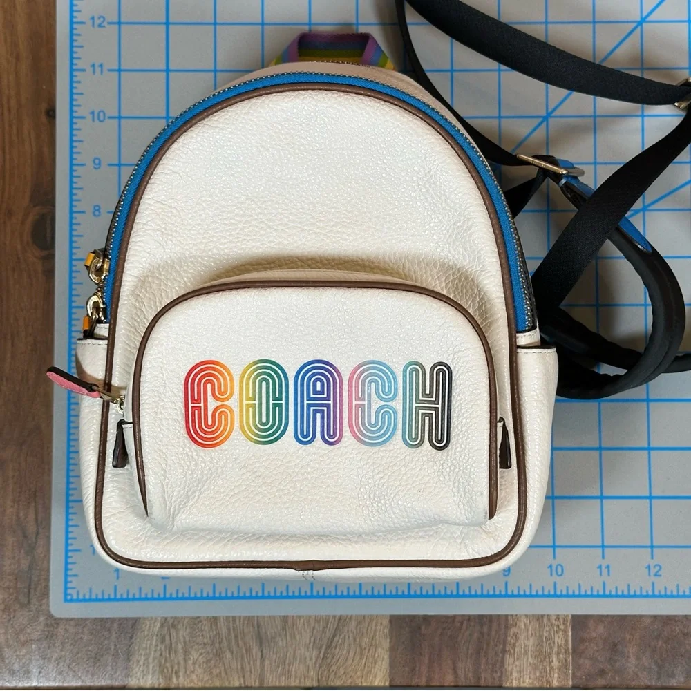 COACH Mini Court Pebbled Leather Backpack White With Rainbow Coach PRIDE Logo - Picture 9 of 16